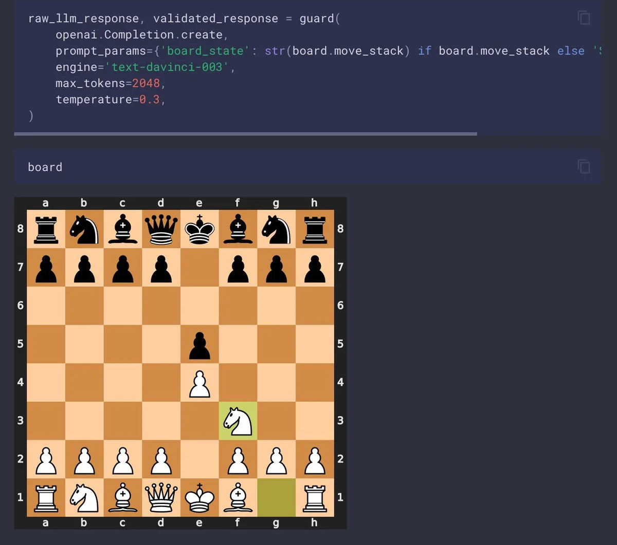Notebook screenshot showing guard(openai.Completion.create) with text-davinci-003, followed by a chessboard with pawns on e4 and e5 and a white knight on f3; g1 and f3 are highlighted.