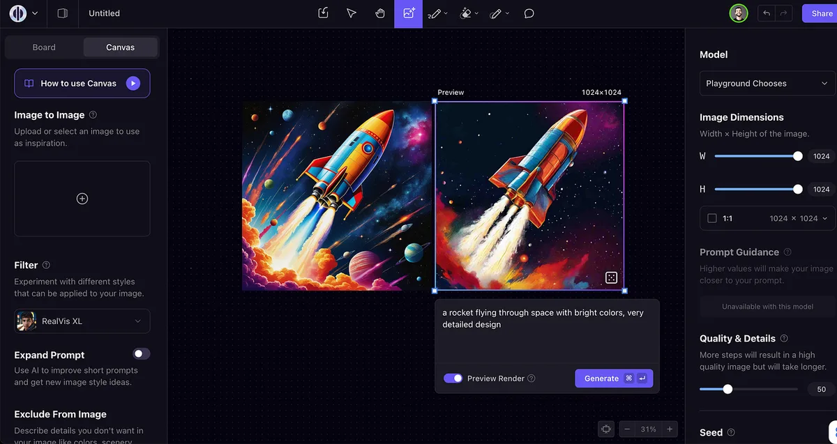 Playground graphics editor with two rocket illustrations side by side, a selected preview, a prompt field, Preview Render toggle, and image-generation settings.