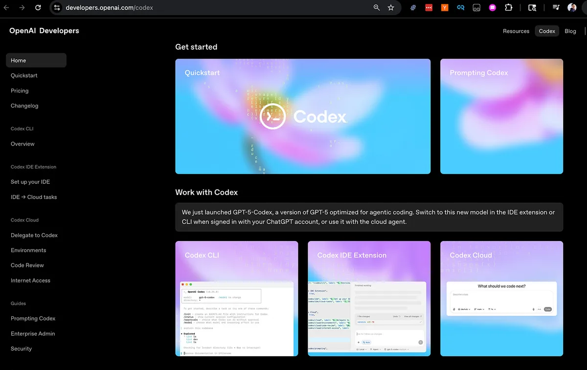 Screenshot of the OpenAI Developers Codex page with a GPT-5-Codex launch notice and cards labeled Codex CLI, Codex IDE Extension, and Codex Cloud.