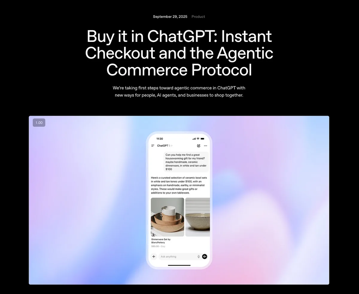 Screenshot of the September 29, 2025 Instant Checkout and Agentic Commerce Protocol announcement above a phone showing a housewarming gift query and ceramic dinnerware product cards.