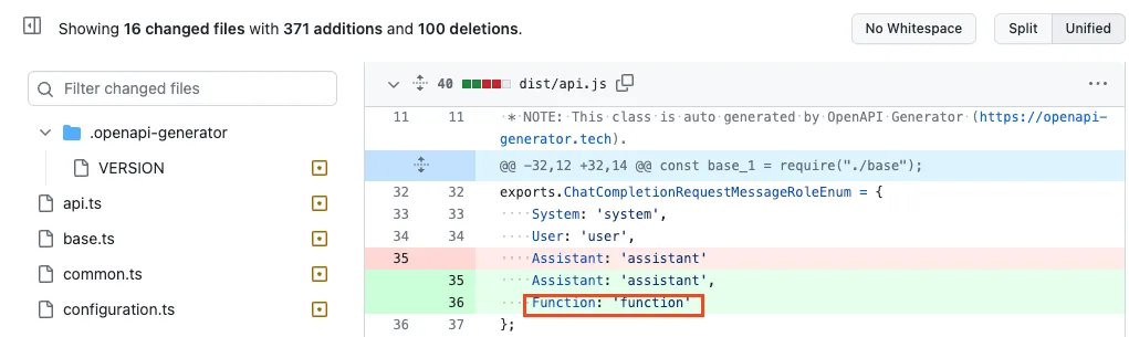 Readable code diff in dist/api.js showing system, user and assistant roles, with a new function role highlighted by a red box on a green added line.