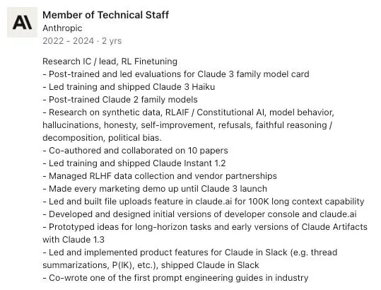 Screenshot headed “Member of Technical Staff” at Anthropic, 2022–2024. Bullets list Claude 3 Haiku training, Claude 3 model-card evaluations, Claude 2 post-training, RLHF data collection, claude.ai development and Claude in Slack features.