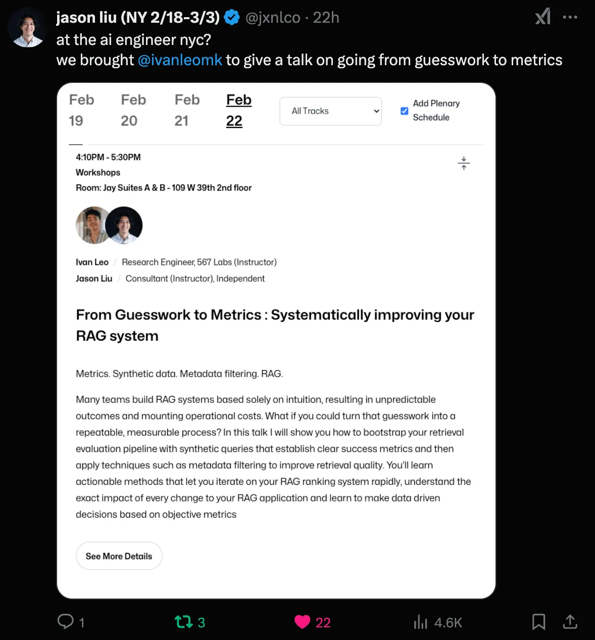 Screenshot of Jason Liu’s X post with a readable workshop schedule listing Ivan Leo and Jason Liu, a 4:10–5:30 PM time slot, and a description covering synthetic queries, retrieval evaluation and metadata filtering.