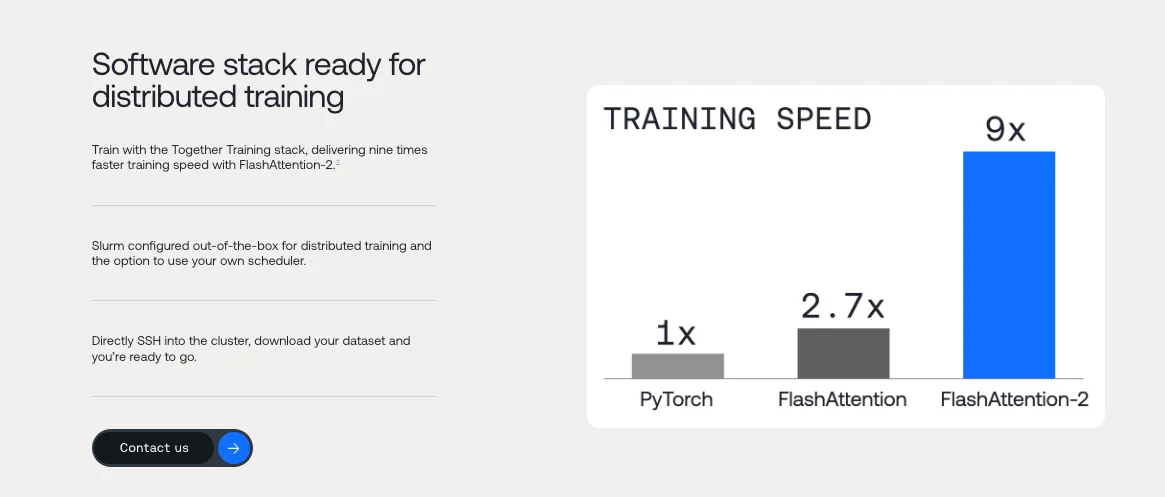 Screenshot headed “Software stack ready for distributed training,” with Slurm and SSH setup text beside three training-speed bars labeled PyTorch 1×, FlashAttention 2.7×, and FlashAttention-2 9×.