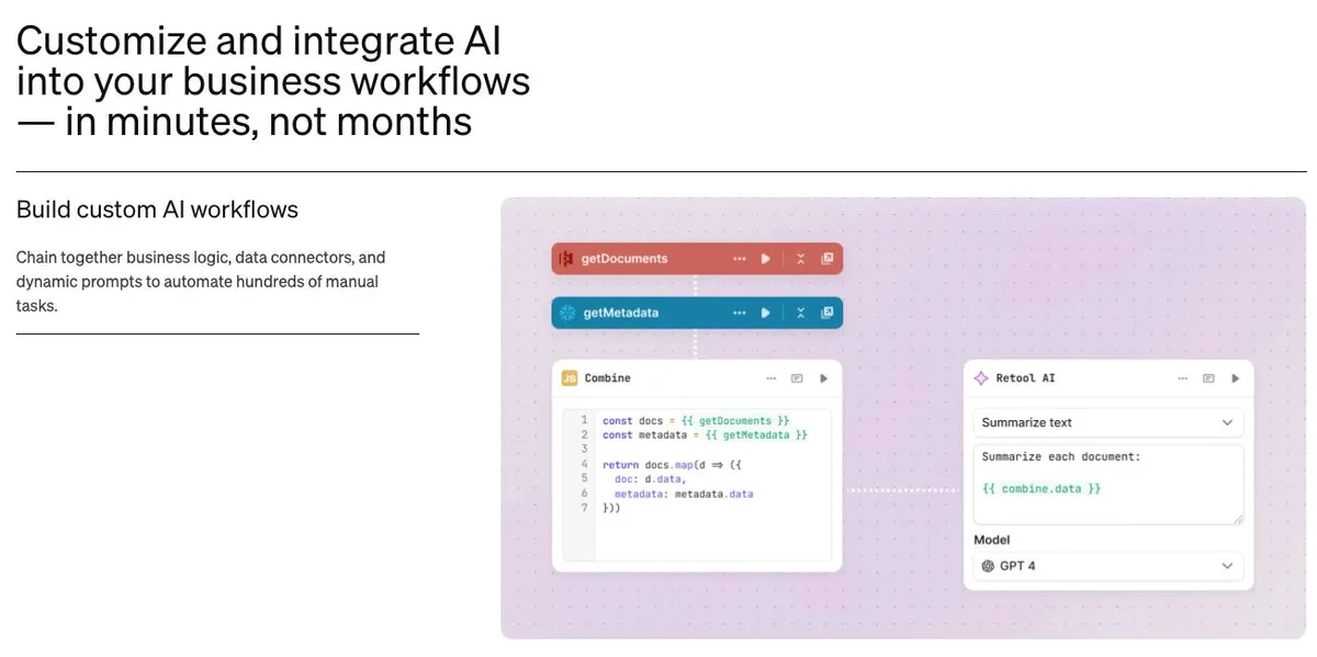 Workflow canvas with getDocuments and getMetadata blocks above JavaScript that combines their data, connected to a Retool AI block configured to summarize each document.