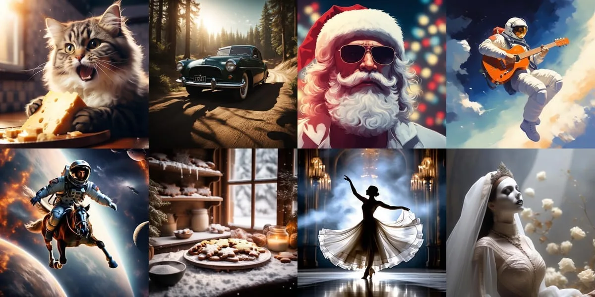 Two-by-four collage showing a cat holding cheese, a car in a forest, Santa wearing sunglasses, an astronaut playing guitar, an astronaut riding a horse in space, pastries by a snowy window, a backlit dancer and a veiled woman beside flowers.