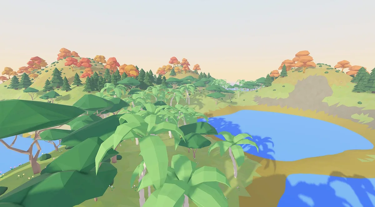 Low-poly 3D landscape with green hills, conifers, orange-leaved trees and palms surrounding blue ponds.