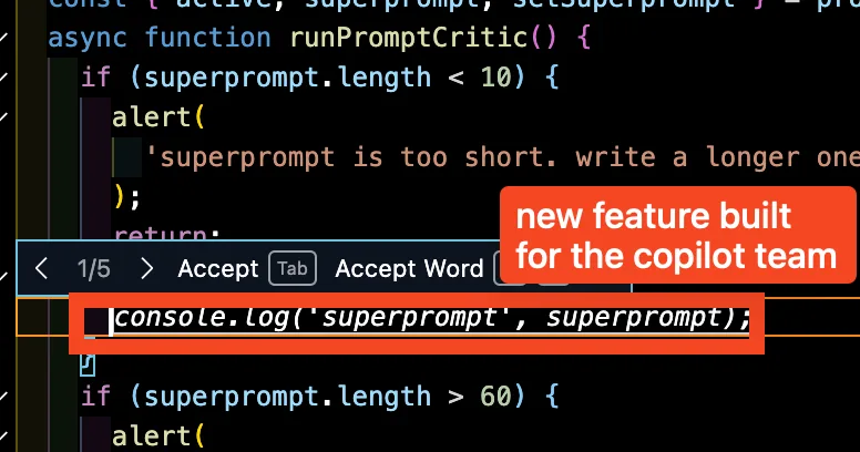 Dark code editor with a console.log('superprompt', superprompt) suggestion outlined in orange beneath controls labeled “1/5,” “Accept Tab” and “Accept Word.”