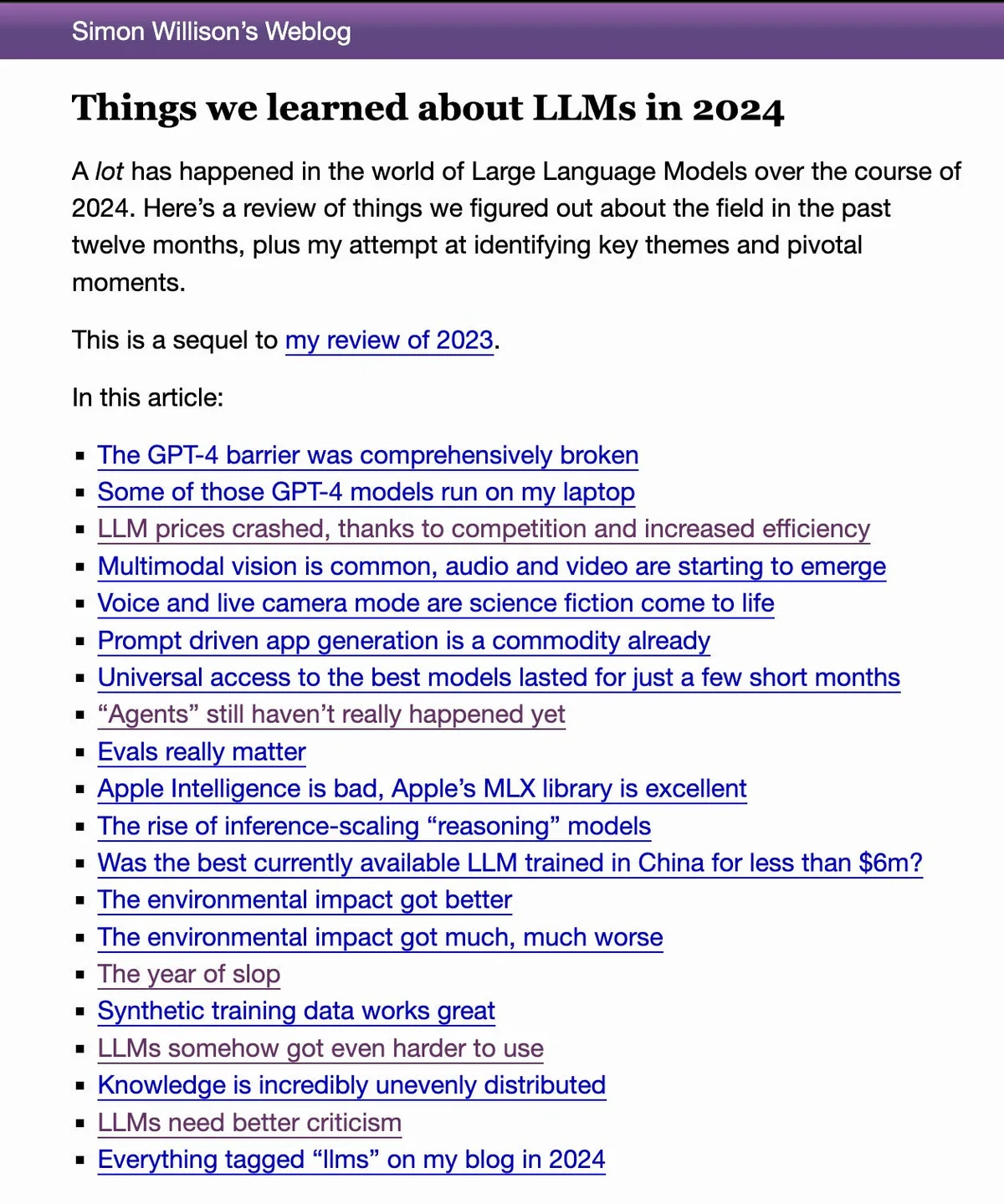 Screenshot of Simon Willison’s Weblog with the title “Things we learned about LLMs in 2024,” introductory paragraphs and a table of contents covering model capabilities, prices, interfaces, agents and criticism.