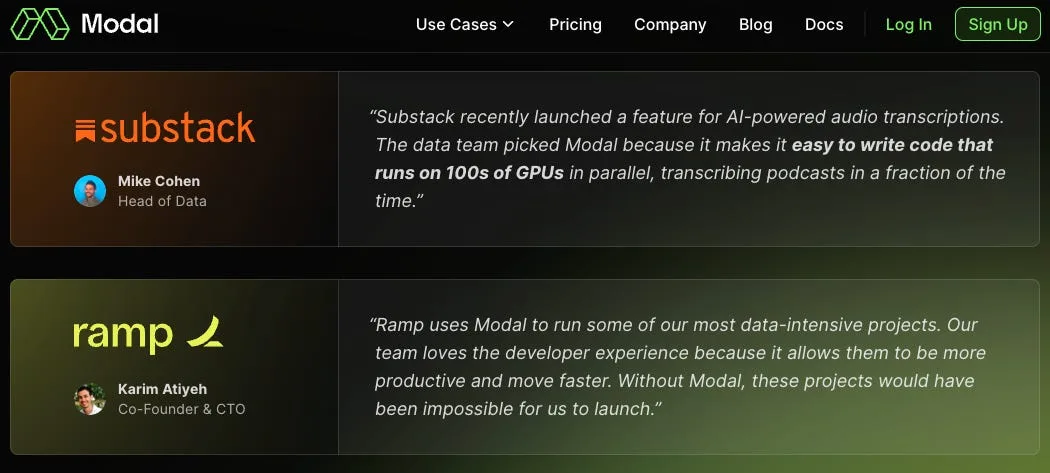 Screenshot of Modal’s website with two readable testimonial panels. The Substack quote says Modal makes it easy to run code on hundreds of GPUs in parallel for podcast transcription. The Ramp quote praises productivity on data-intensive projects. Both panels include company logos and small headshots.