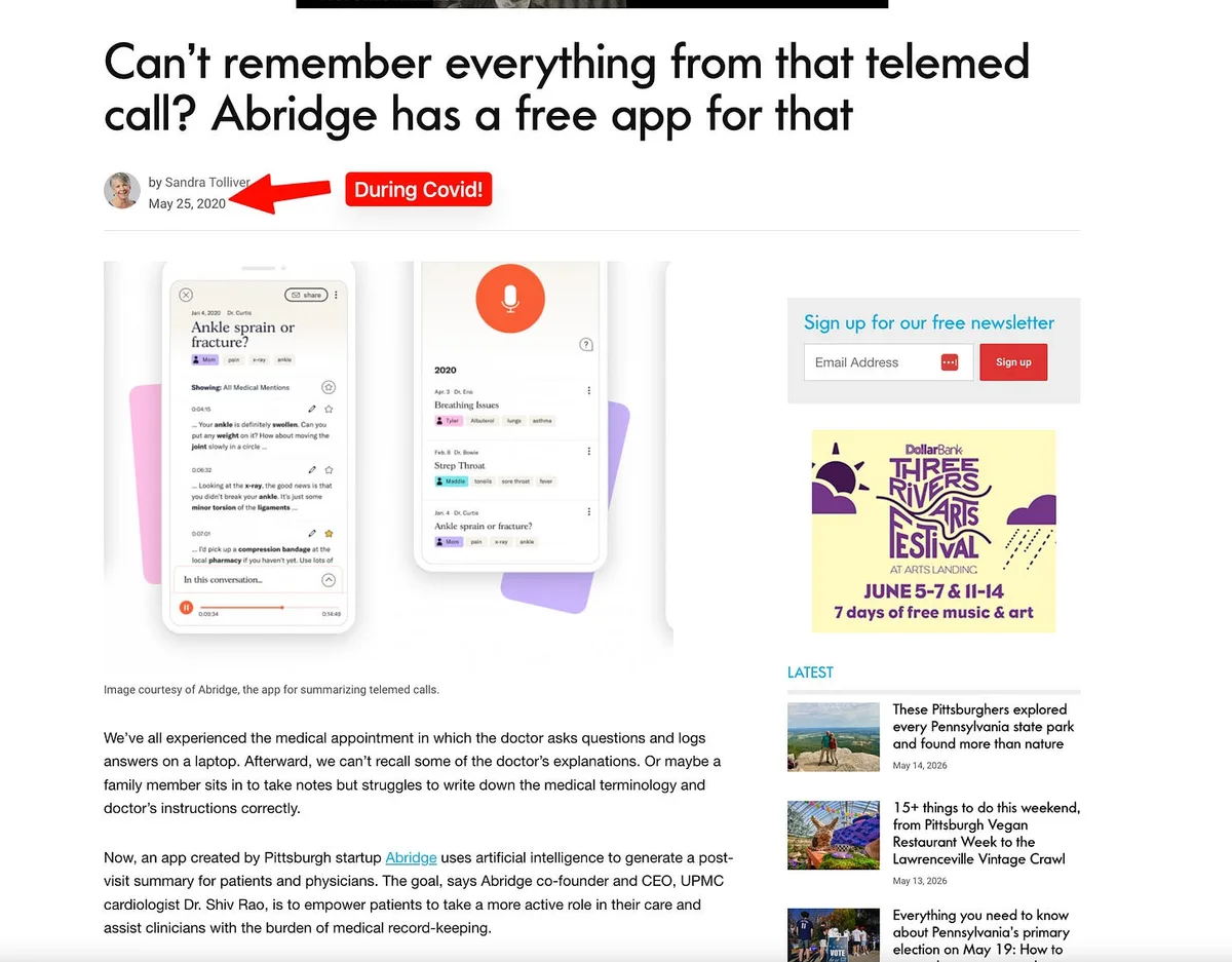 Article screenshot titled “Can’t remember everything from that telemed call? Abridge has a free app for that,” above two Abridge app screens showing medical excerpts and saved visits.
