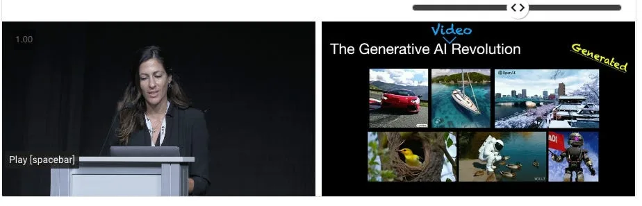 Split-screen recording with a speaker on the left and a black slide on the right displaying six image examples beneath “The Generative AI Revolution.”