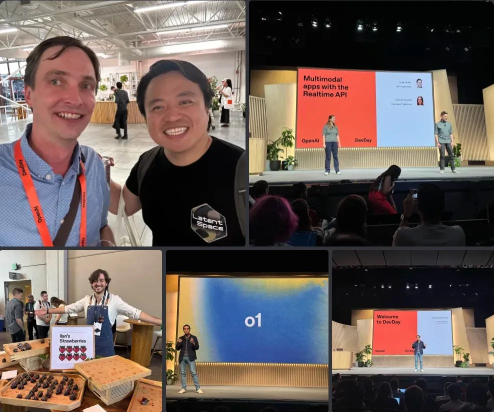 Five-photo collage: two attendees posing together, presenters on three DevDay stages, and a vendor behind trays of chocolate-covered strawberries.